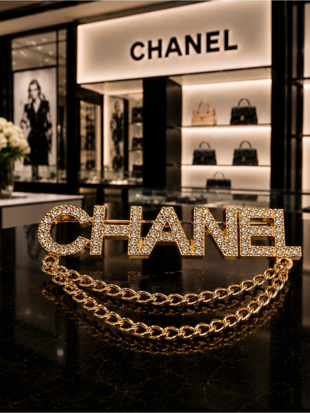 New Chanel-Inspired Crystal Logo Brooch Pin | Gold Chain Statement Glam Luxury - Picture 3 of 10